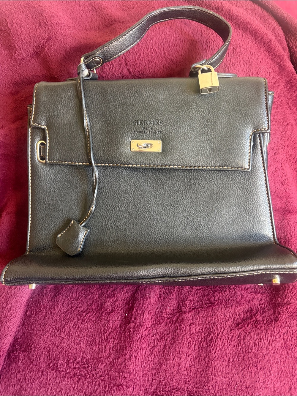 Hermes Black Leather Satchel with Gold Hardware Accent